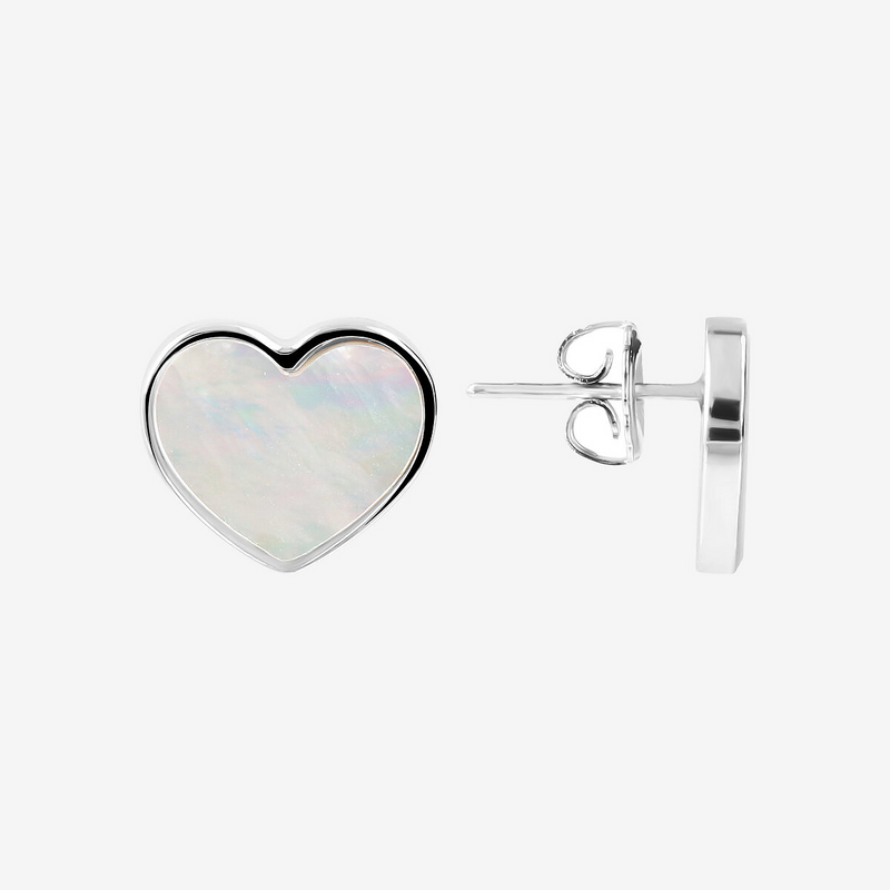 Heart Lobe Earrings in Platinum plated 925 Silver with White Mother of Pearl