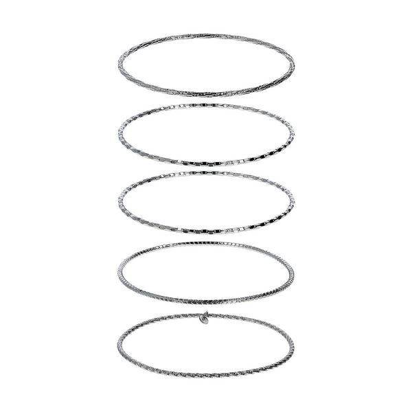 Set of 5 diamond-cut and hammered bangles in platinum-plated 925 silver