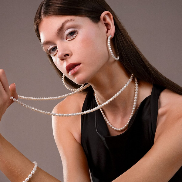 Long Necklace with White Freshwater Pearls Ø 6/6.5 mm in 18Kt White Gold Plated 925 Silver