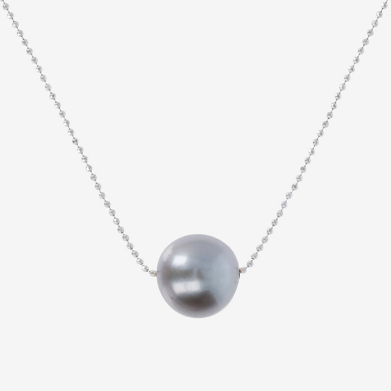 Long Necklace with Diamond Microbeads and Grey Ming Freshwater Pearl