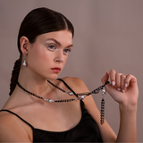 Long Multistrand Tie Necklace with Black Spinels and Grey Freshwater Pearls Ø 14/16 mm in Ruthenium Plated 925 Silver