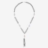 Long Multistrand Tie Necklace with Black Spinels and Grey Freshwater Pearls Ø 14/16 mm in Ruthenium Plated 925 Silver