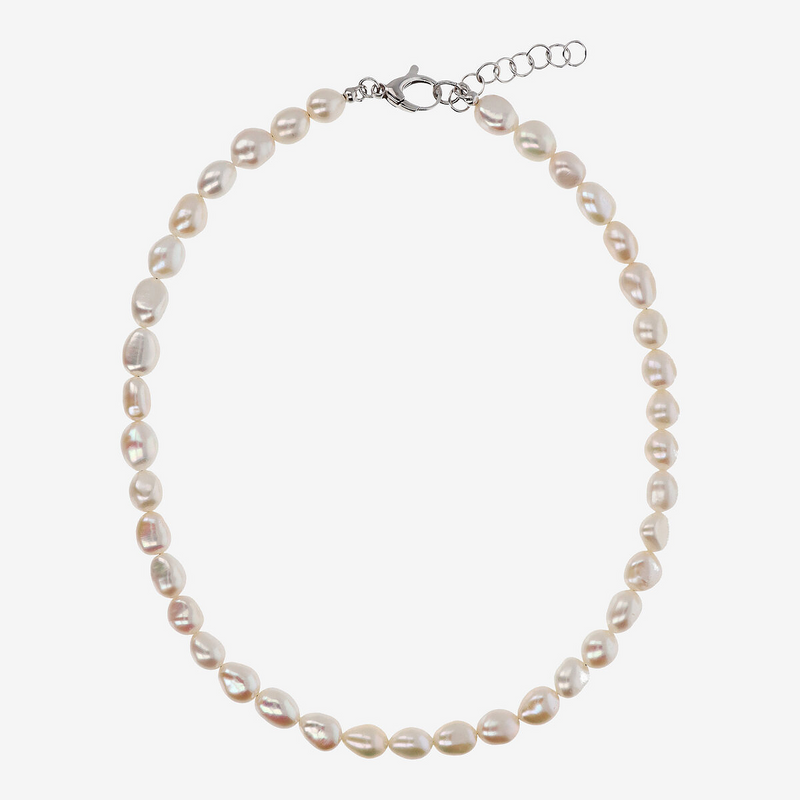 Choker Necklace with White Freshwater Nugget Pearls Ø 6/7 mm in 18Kt White Gold Plated 925 Silver