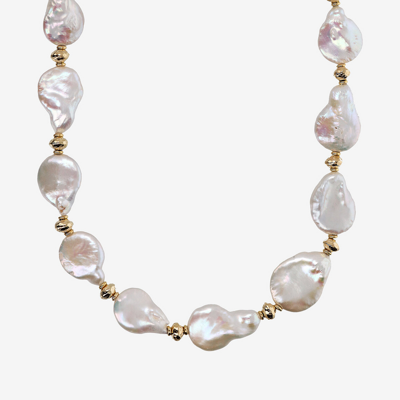 Necklace with White Baroque Coin Beads and 18Kt Yellow Gold Plated 925 Sterling Silver Nuggets