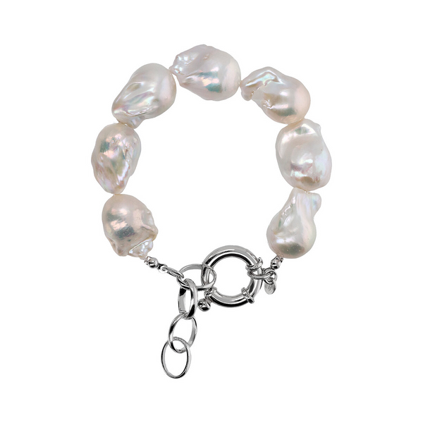Bracelet en Argent 925 Plaqué Or Blanc 18 Carats avec Perles Scaramazze d'eau Douce Blanches Ø 13/14 mm