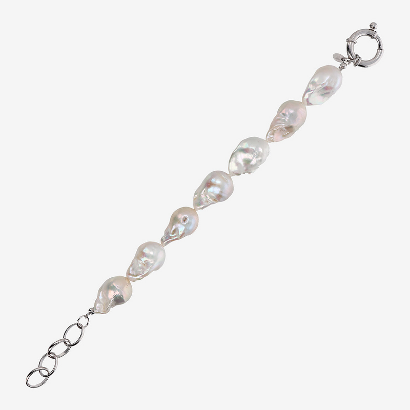 925 Sterling Silver 18Kt White Gold Plated Bracelet with White Freshwater Scarlet Pearls Ø 13/14 mm