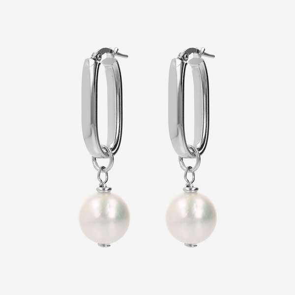 Boucles d'oreilles ovales allongées en argent 925 plaqué or blanc 18 carats avec perles blanches Ming d'eau douce Ø 11/12 mm