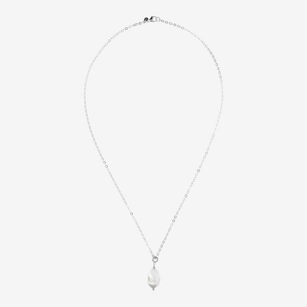 Long Rolo Link Necklace in 18Kt White Gold Plated 925 Silver with White Scaramazza Freshwater Pearl Charm Ø 14/16 mm