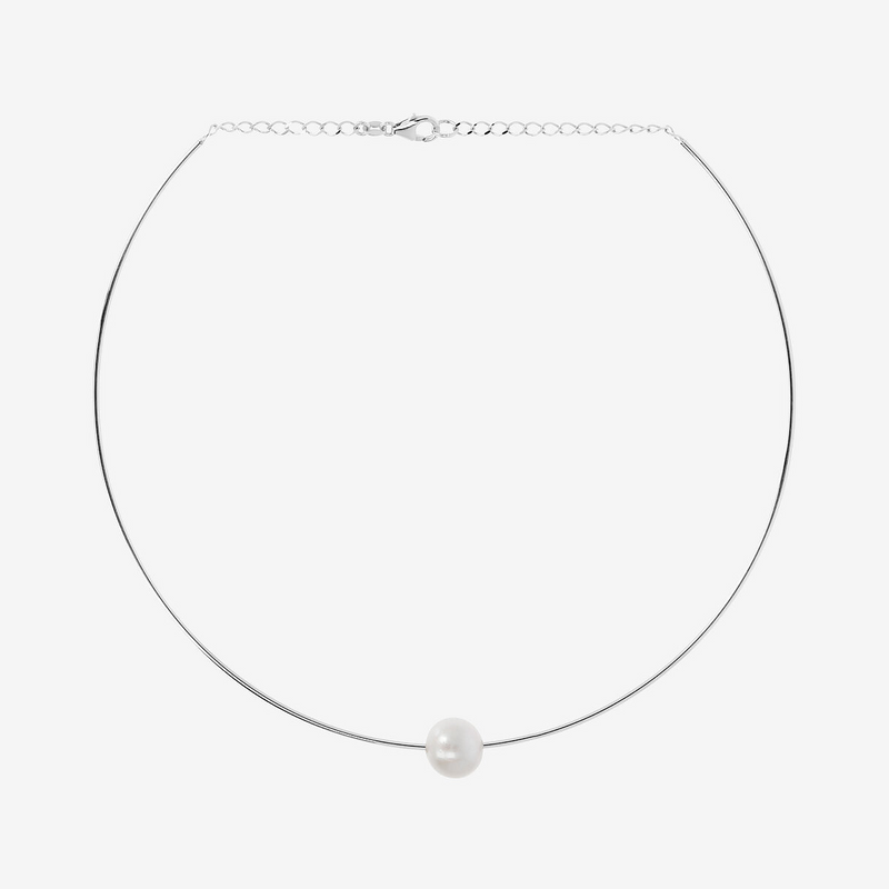 Collier Rigide en Argent 925 Plaqué Or Blanc 18Kt avec Perle Ming d'eau Douce Blanche Ø 12/13 mm