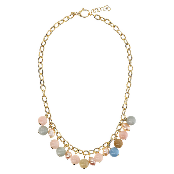 Charms Necklace in 18Kt Yellow Gold plated 925 Silver with Natural Stones and Multicolor Freshwater Pearls Ø 9/10 mm
