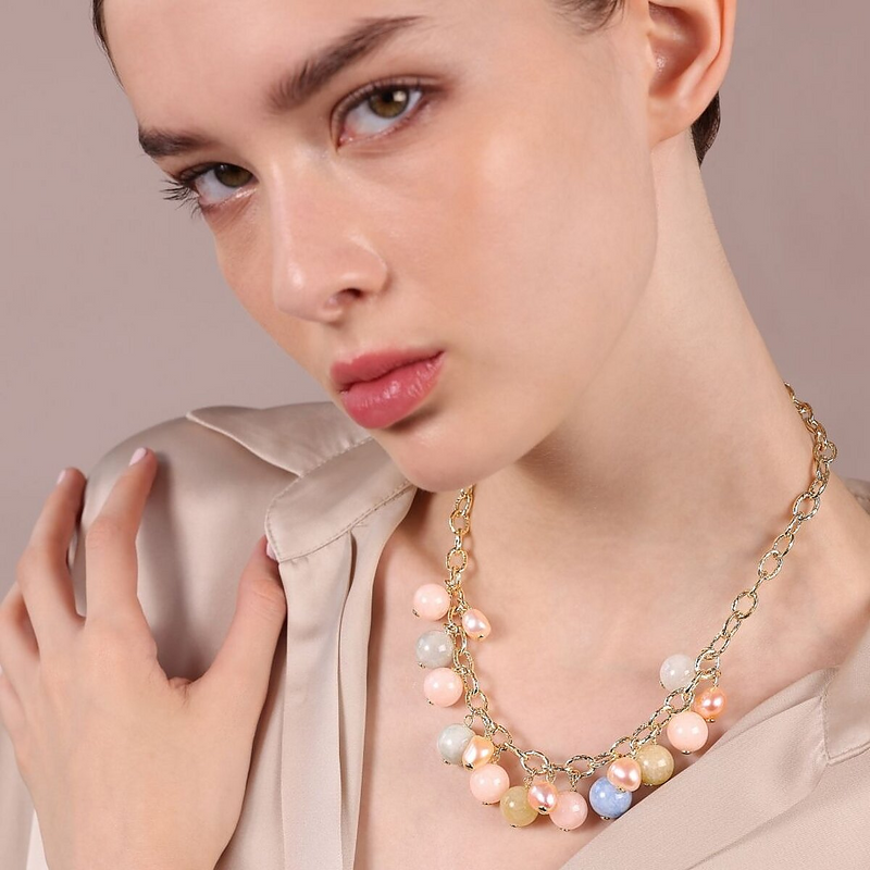 Charms Necklace in 18Kt Yellow Gold plated 925 Silver with Natural Stones and Multicolor Freshwater Pearls Ø 9/10 mm