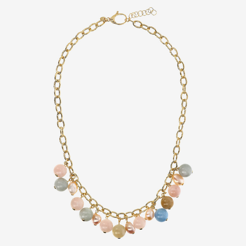 Collier Charms en Argent 925 Plaqué Or Jaune 18Kt avec Pierres Naturelles et Perles d'Eau Douce Multicolores Ø 9/10 mm