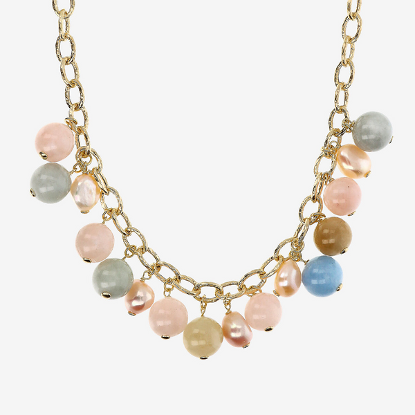 Charms Necklace in 18Kt Yellow Gold plated 925 Silver with Natural Stones and Multicolor Freshwater Pearls Ø 9/10 mm