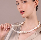 Long Necklace in 18Kt White Gold Plated 925 Silver with White Baroque Freshwater Coin Pearls Ø 17 mm