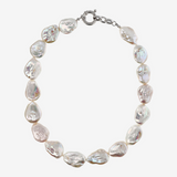 Long Necklace in 18Kt White Gold Plated 925 Silver with White Baroque Freshwater Coin Pearls Ø 17 mm