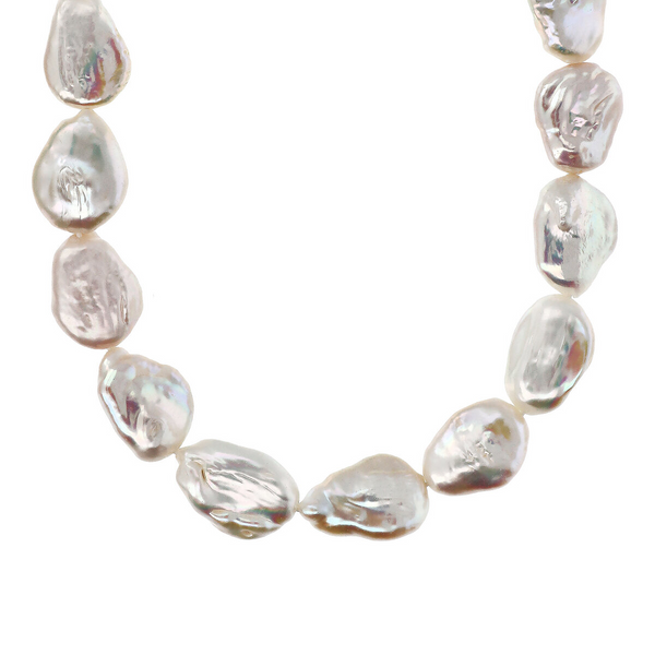 Sautoir en Argent 925 Plaqué Or Blanc 18 Carats avec Perles d'Eau Douce baroques blanches Ø 17 mm