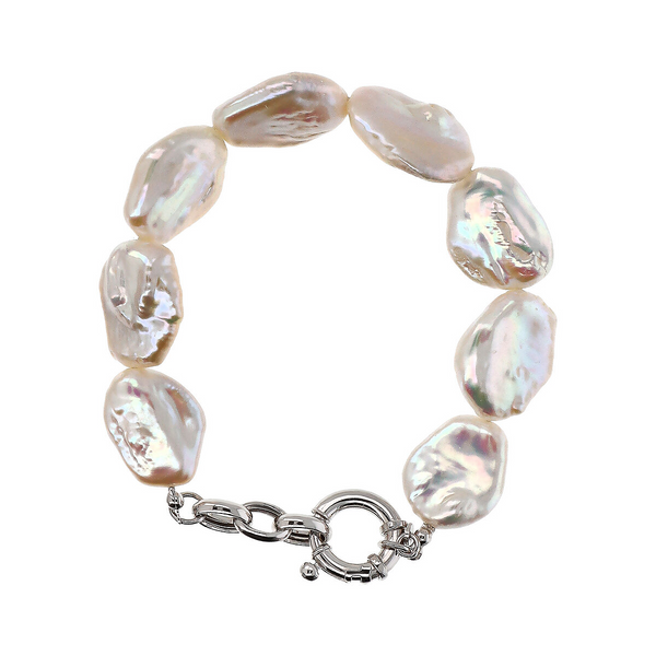 18K White Gold Plated 925 Silver Bracelet with White Baroque Freshwater Coin Pearls Ø 17 mm