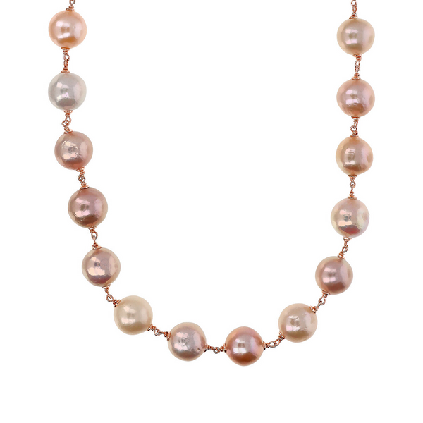 Halskette aus 18-karätigem rosévergoldetem 925er-Silber mit mehrfarbig schillernden Ming-Süßwasserperlen, Ø 12/13 mm
