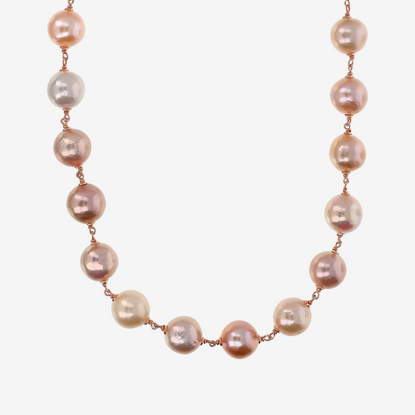 Collier Ras du Cou en Argent 925 Plaqué Or Rose 18Kt avec Perles d'Eau Douce Ming Irisées Multicolores Ø 12/13 mm