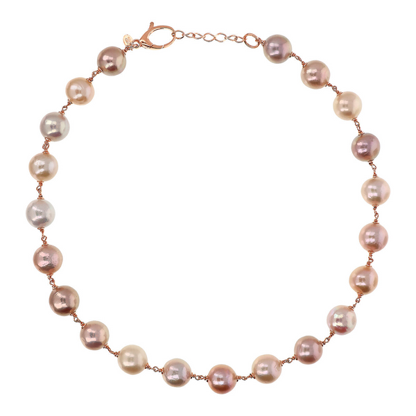 Halskette aus 18-karätigem rosévergoldetem 925er-Silber mit mehrfarbig schillernden Ming-Süßwasserperlen, Ø 12/13 mm
