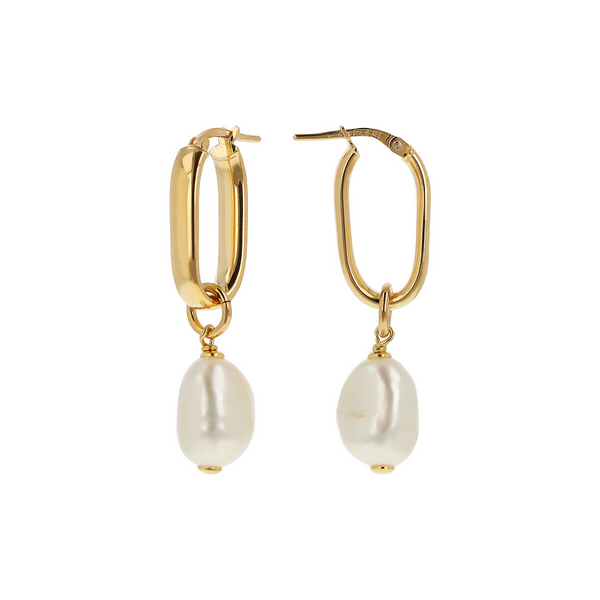 Boucles d'oreilles ovales allongées en argent 925 plaqué or jaune 18 carats avec perles d'eau douce baroques blanches Ø 10/11 mm