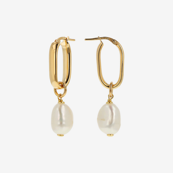 Elongated Oval Earrings in 18Kt Yellow Gold Plated 925 Silver with White Baroque Freshwater Pearls Ø 10/11 mm