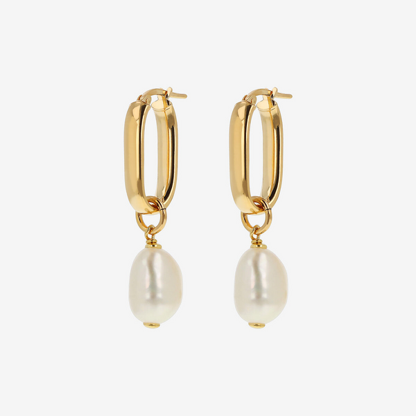 Elongated Oval Earrings in 18Kt Yellow Gold Plated 925 Silver with White Baroque Freshwater Pearls Ø 10/11 mm