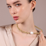 18Kt Yellow Gold Plated 925 Silver Choker Necklace with White Freshwater Keshi Pearl 17x20 mm