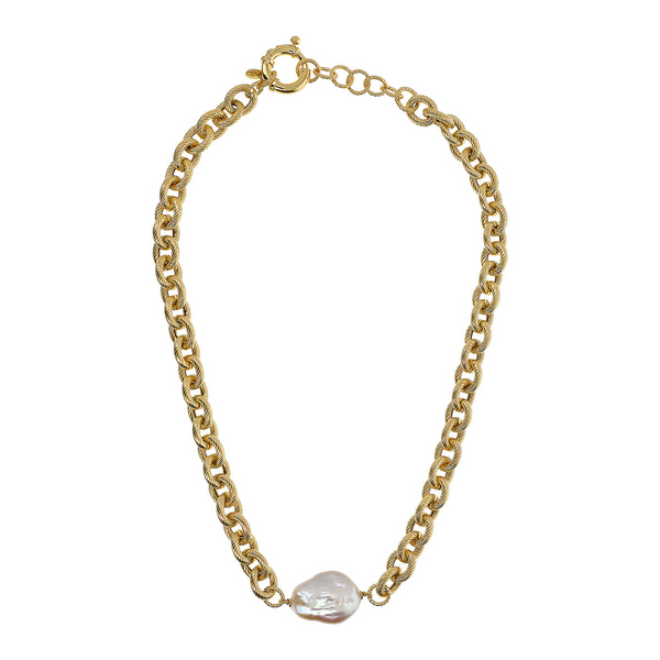 18Kt Yellow Gold Plated 925 Silver Choker Necklace with White Freshwater Keshi Pearl 17x20 mm