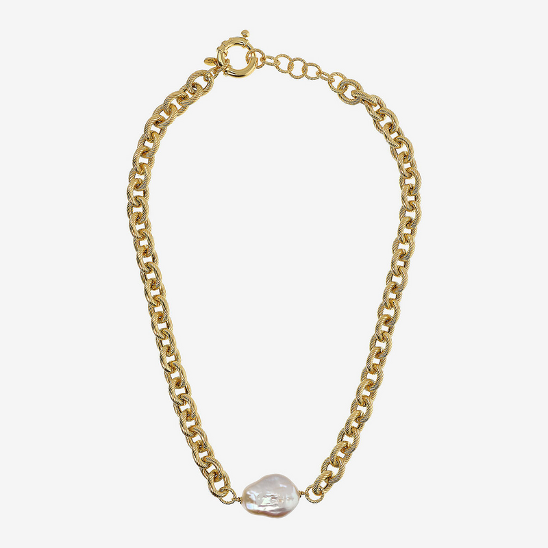 18Kt Yellow Gold Plated 925 Silver Choker Necklace with White Freshwater Keshi Pearl 17x20 mm