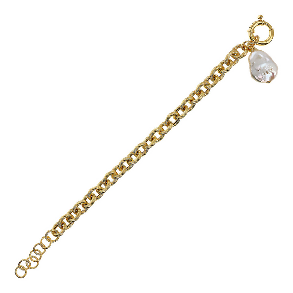 18Kt Yellow Gold Plated 925 Silver Bracelet with White Freshwater Keshi Pearl 17x20 mm