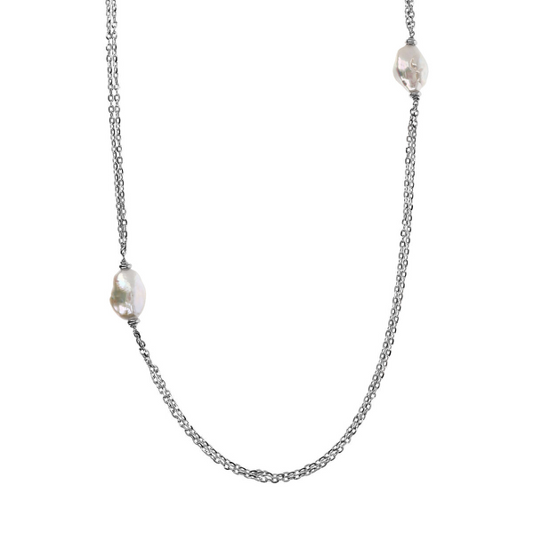Long Necklace in 18Kt White Gold Plated 925 Silver with White Freshwater Keshi Pearls 15x20