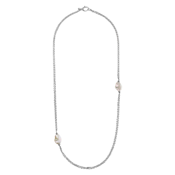 Long Necklace in 18Kt White Gold Plated 925 Silver with White Freshwater Keshi Pearls 15x20