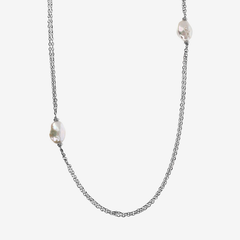 Collana Lunga in Argento 925 placcato Oro 18Kt con Perle Keshi Bianche d'Acqua Dolce 15x20