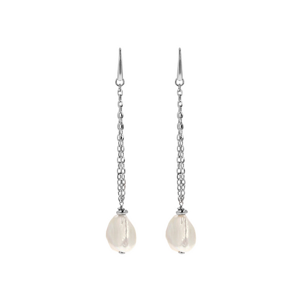 Pendant Earrings in 18Kt White Gold Plated 925 Silver with White Freshwater Keshi Pearls 15x20