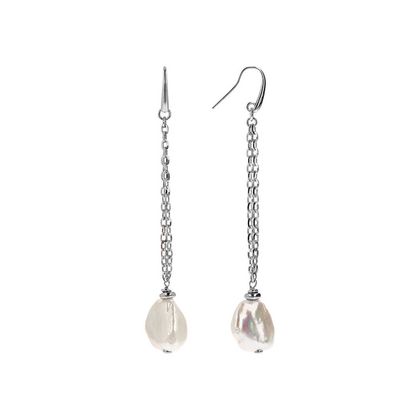 Pendant Earrings in 18Kt White Gold Plated 925 Silver with White Freshwater Keshi Pearls 15x20