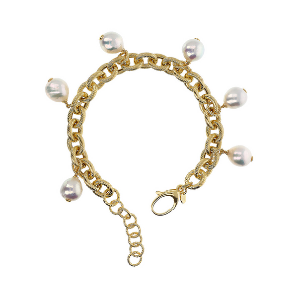 Bracelet Charms avec Perles d'Eau Douce Ming Blanches Ø 10/11 en Argent 925 Plaqué Or Jaune 18Kt