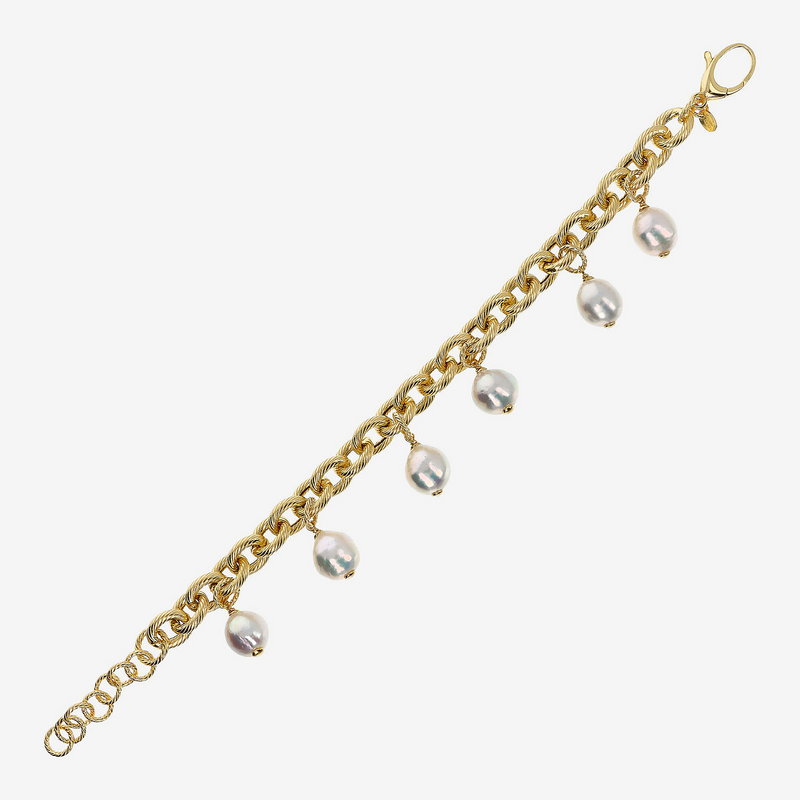 Bracciale Charms di Perle Ming Bianche d'Acqua Dolce Ø 10/11 in Argento 925 placcato Oro Giallo 18Kt