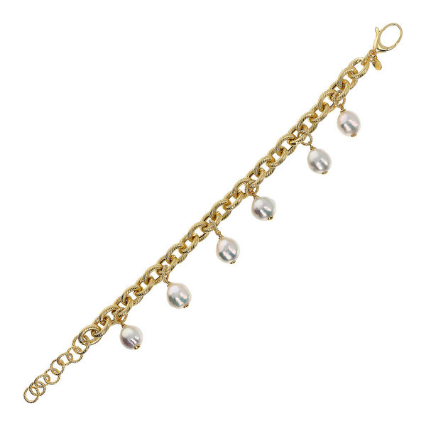 Charms Bracelet with White Ming Freshwater Pearls Ø 10/11 in 18Kt Yellow Gold Plated 925 Silver