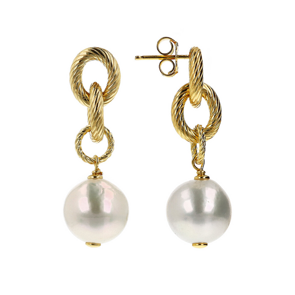 Boucles d'oreilles pendantes en argent 925 plaqué or jaune 18Kt avec perles blanches Ming d'eau douce Ø 11/13