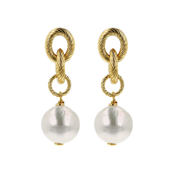 Boucles d'oreilles pendantes en argent 925 plaqué or jaune 18Kt avec perles blanches Ming d'eau douce Ø 11/13