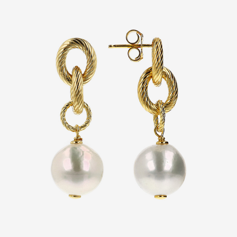 Pendant earrings in 18Kt yellow gold plated 925 silver with white freshwater Ming pearls Ø 11/13