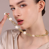 Long Necklace in 18Kt Yellow Gold Plated 925 Silver with White Freshwater Baroque Pearls Ø 12/14 mm