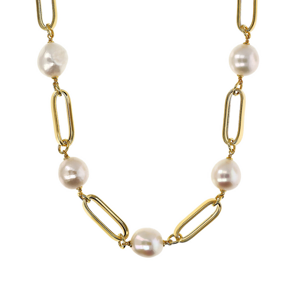 Long Necklace in 18Kt Yellow Gold Plated 925 Silver with White Freshwater Baroque Pearls Ø 12/14 mm