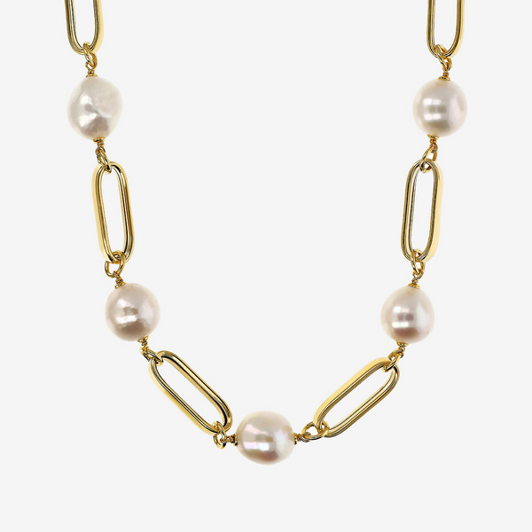 Long Necklace in 18Kt Yellow Gold Plated 925 Silver with White Freshwater Baroque Pearls Ø 12/14 mm