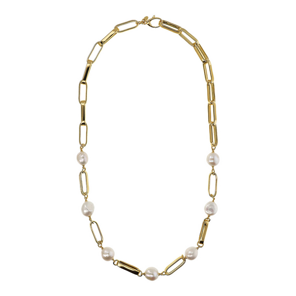 Lange Halskette aus 18 Karat Gelbgold vergoldetem 925er Silber mit weißen Süßwasser-Barockperlen Ø 12/14 mm