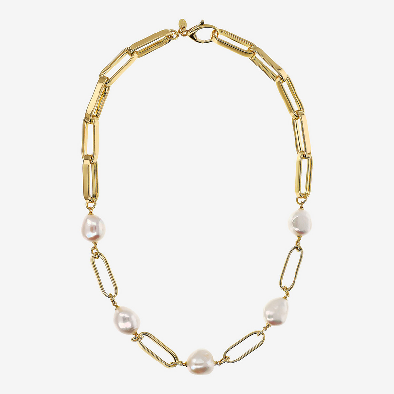 18Kt Yellow Gold Plated 925 Silver Choker Necklace with White Freshwater Baroque Pearls Ø 12/14 mm