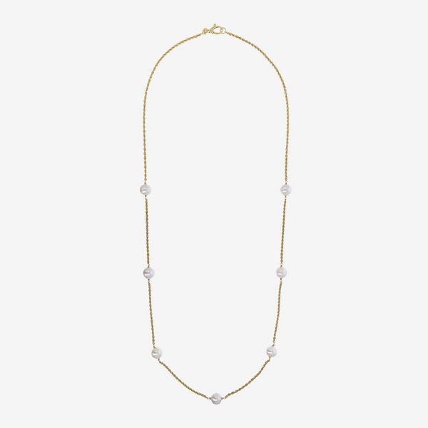 Long Rope Necklace in 18Kt Yellow Gold Plated 925 Silver with White Freshwater Ming Pearls Ø 10/11 mm