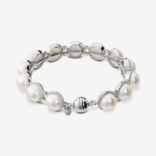 Bracciale Tennis di Perle a Bottone Bianche d'Acqua Dolce Ø 9/9.5 mm in Argento 925 placcato Oro Bianco 18Kt