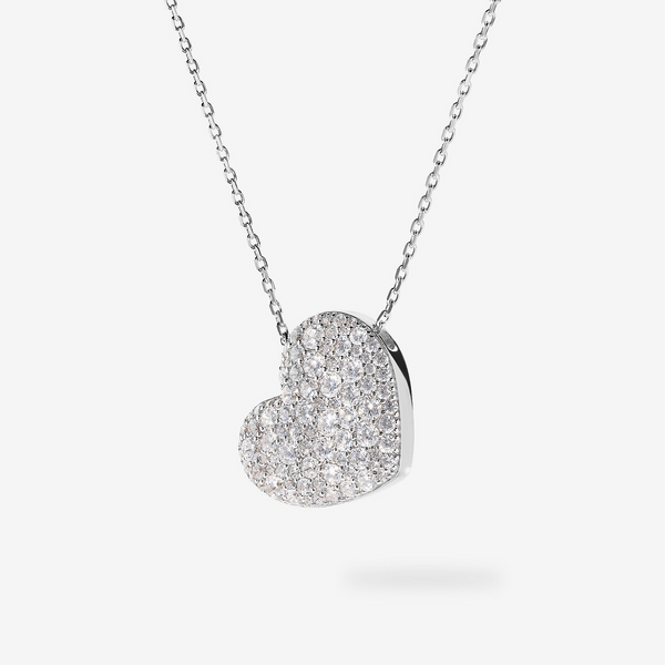 Collana in Argento 925 placcato Rodio e Pendente Cuore con Pavé in Cubic Zirconia